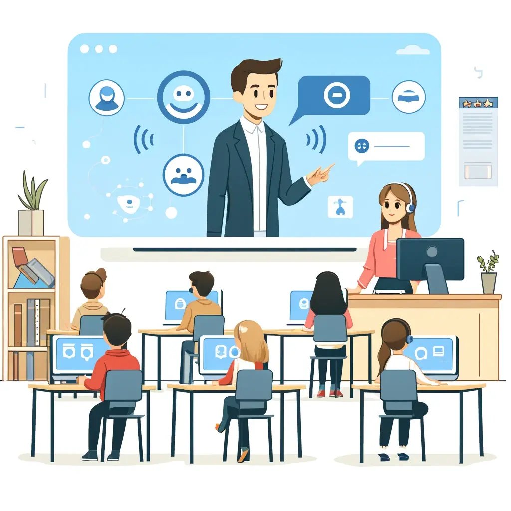 DALL·E 2024-05-29 16.36.59 - A simple flat style cartoonish illustration of a teacher in a classroom using a computer with virtual assistants helping students. The scene includes