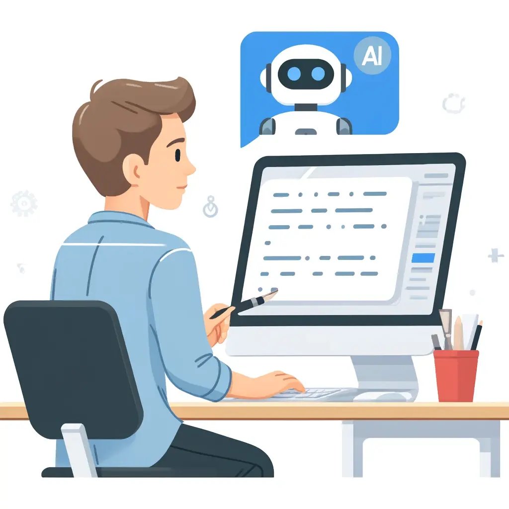 DALL·E 2024-05-29 19.33.08 - A flat style cartoonish illustration of a teacher using a computer to generate text-based content with the help of AI. The scene includes the teacher