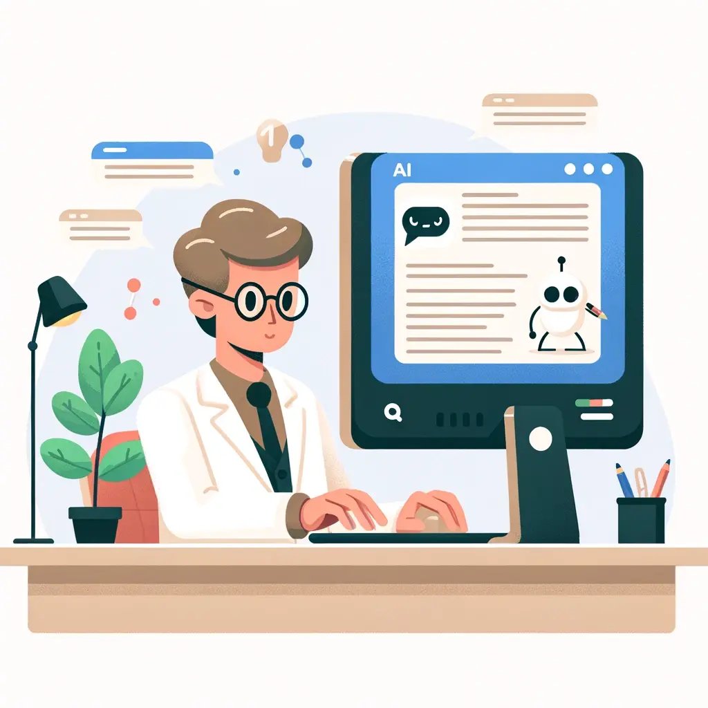 DALL·E 2024-05-29 19.37.53 - A very simple flat style cartoonish illustration of a teacher using a computer to generate text-based content with the help of AI. The scene includes