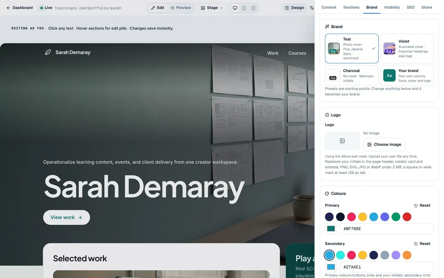 The portfolio editor’s Brand panel with the Teal, Violet, Charcoal and Your brand presets.