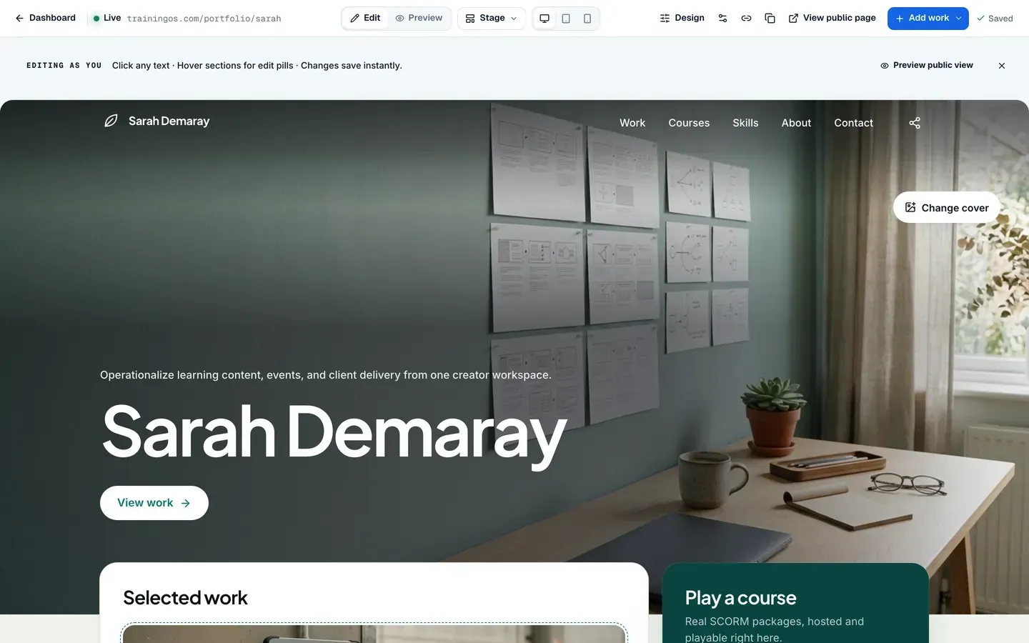 The portfolio editor: edit the page in place, switch layouts and preview.