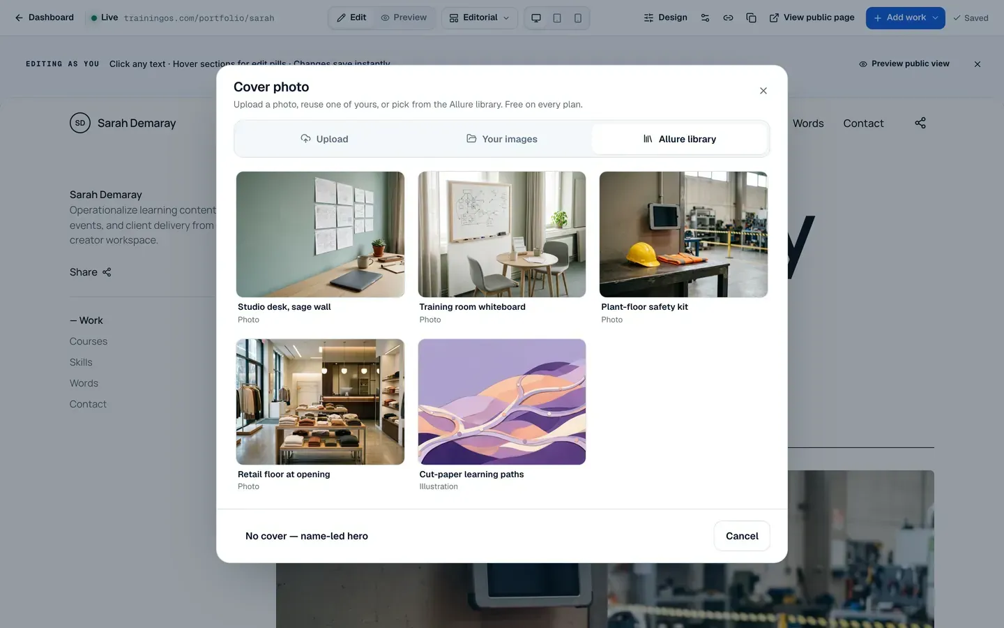 The image picker: upload, your images or the Allure library.